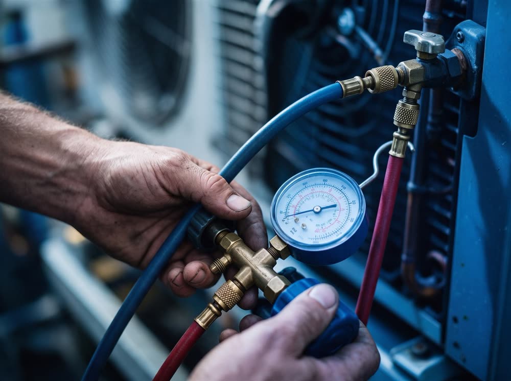 Manômetros medindo as pressões de um sistema de refrigeração